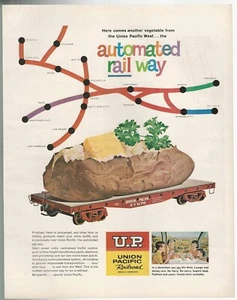 Anuncio de UNION PACIFIC RAILROAD 1962, patata al horno en vagón plano, anuncio impreso - Imagen 1 de 3