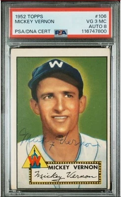 Tarjeta de béisbol 1952 firmada por Mickey Vernon #106 PSA 3 MC ADN 8 certificada automática Foto 1 de 4