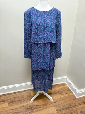 Vintage 80s 90s Diane Von Furstenberg Dress Blue Floral Colorful Tiered L/ XL - Image 1 of 4