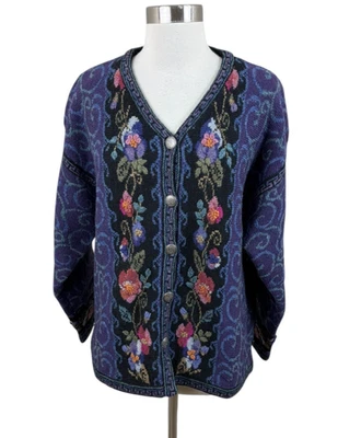 Icelandic Design Floral Knit Wool Cardigan Sweater Purple 3 D Knit Cottagecore L - Image 1 of 4
