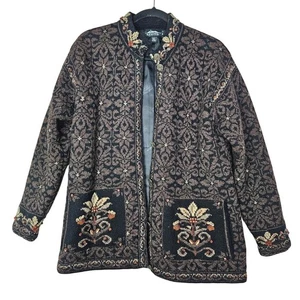 Icelandic Designs M Marrón Nórdico Cremallera Completa Lana Suéter Chaqueta Cárdigan Floral - Imagen 1 de 4