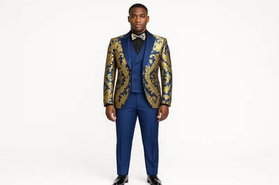 VINCI Men's Modern Fit 3-Piece Suit with Matching Bowtie Navy Gold - Image 1 of 2