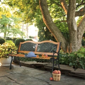 US 49" Garden Bench Outdoor Patio Park Chair Furniture Hardwood & Cast Iron Seat - Picture 1 of 15