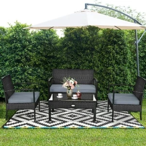 Outdoor Oasis: 4-Piece Rattan Furniture Set with Cushioned Sofa & Coffee Table - Picture 1 of 4