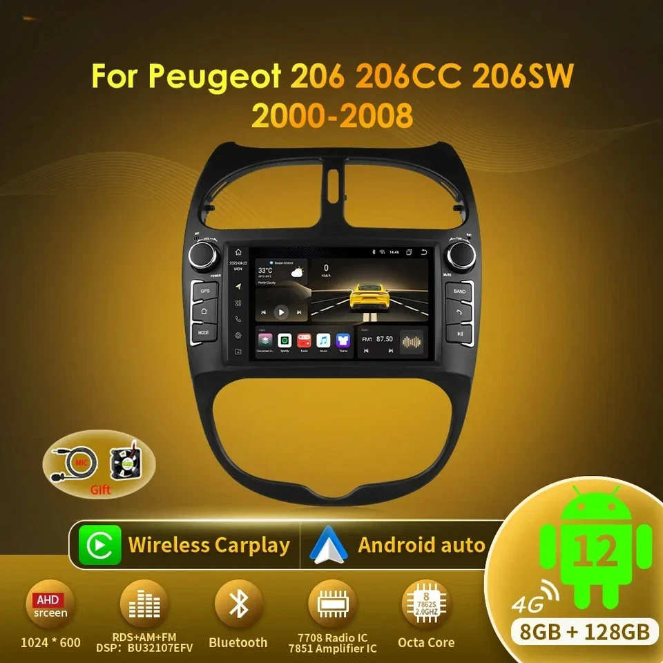 2din Android 12 Car Radio For PEUGEOT 206 206CC 206SW 2000-2008 Auto Multimedia - Image 1 of 4