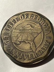 Life Of Georgia 60th Anniversary Brass Coin 1951 Whitehead Hoag Company - Picture 1 of 7