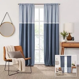 FIELDCREST Devin Flippable Stripe Blue Chambray Blackout One Panel Curtain 50x84 - Picture 1 of 10