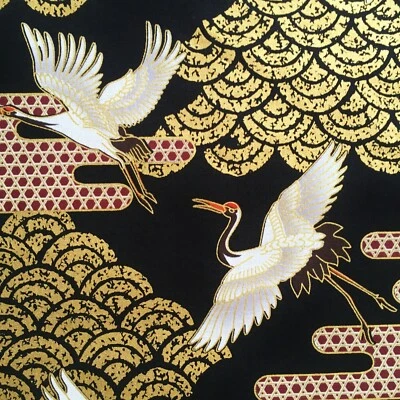 Japanese cranes fabric, metallic heron stork birds, gold black, oriental chinese - Image 1 of 4