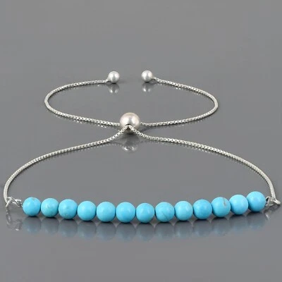 Handgefertigt Natürlich Blau Türkis Perlen 925 Silber Bolo Kette Slider Armband - Bild 1 von 4