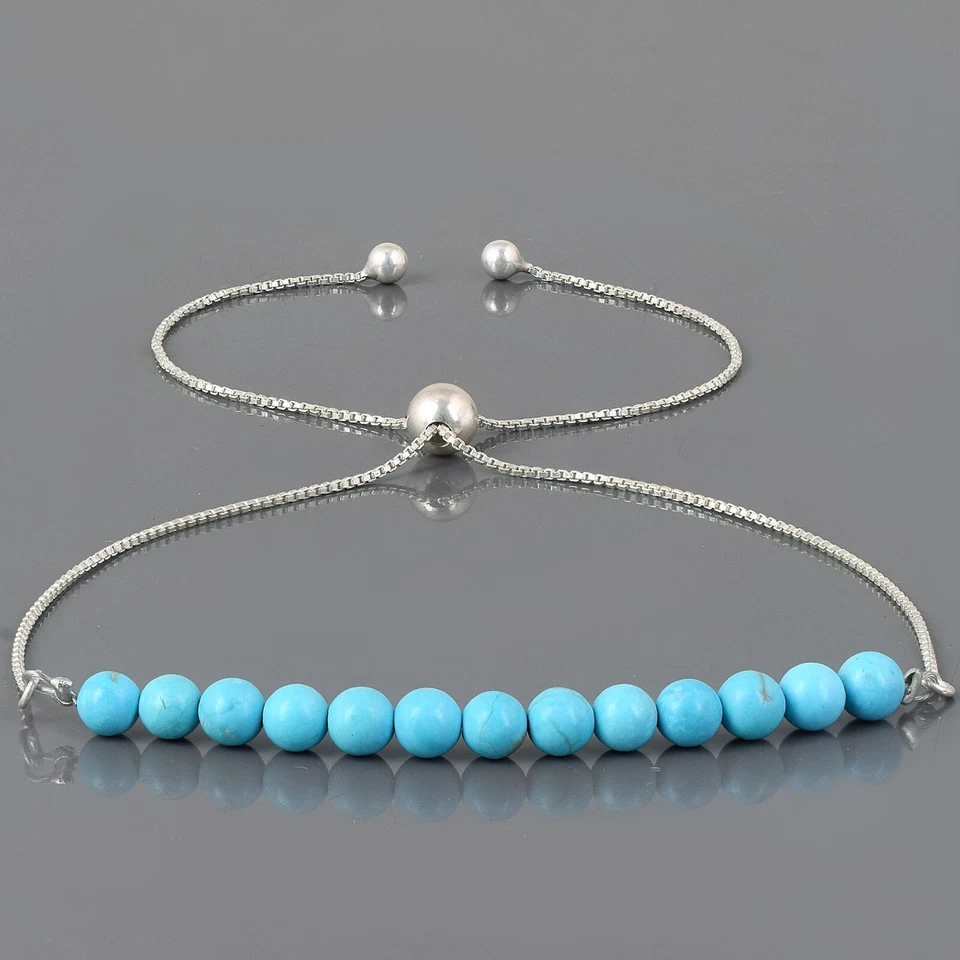 Handgefertigt Natürlich Blau Türkis Perlen 925 Silber Bolo Kette Slider Armband - Bild 1 von 4
