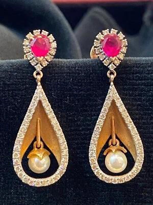 Pave 2.92 Cts Round Brilliant Cut Diamonds Ruby Pearl Dangle Earrings 14K Gold - Image 1 of 4