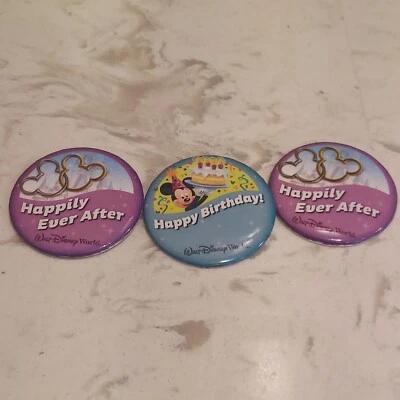 Lote 3 prendedores Walt Disney World Feliz cumpleaños y Felices para siempre Mickey Mouse 3" Foto 1 de 4