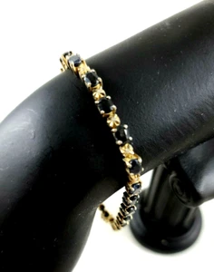 925 Sterling Silver Bracelet Gold Tone Clear/Black Tennis - 7" - Picture 1 of 7