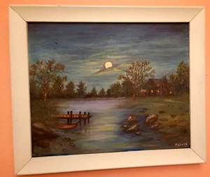 1953 Oil PaintingWater LANDSCAPE by Fannie Stott Framed 25 x 21" North Carolina - Picture 1 of 12
