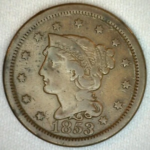 1853 USA Braided Hair Large Cent Copper Coin 1c USA vg Very Good - Bild 1 von 2