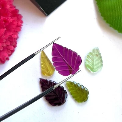Natural Multi Tourmaline Hand Carving Leaf 5 Pcs Loose Cabochon For Jewelry - Image 1 of 4