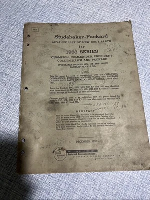 Studebaker Packard 1958 Advance List Of Body Parts - Image 1 of 4