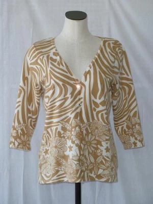 Dennis Basso Ivory Gold Zebra Floral Rhinestone Buttons Vneck Sweater or Top M L - Image 1 of 4