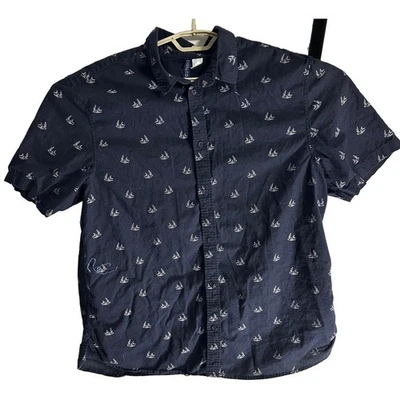 HM Shirt Men XL Blue White All Over Bird Short Sleeves Button Up 100% Cotton - Image 1 of 4