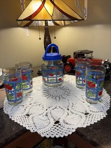 Vintage Anchor Hocking Glass Jar Flip Top Lid W/Handle 1/2 Gallon With 4 Glasses - Picture 1 of 12
