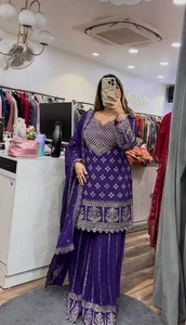 Indian Wedding Chinnon Silk Top And Sharara With Dupatta For Women Wear - Picture 1 of 11