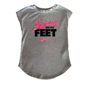 Nike “Sweet On My Feet” Girls THE NIKE TEE T-Shirt Sz M 5-6 Years Gray Pink Soft - Picture 1 of 9
