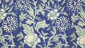 Blue Green Block Print Indian By the Yard Floral Fabric for Sewing Dressmaking - Picture 1 of 8