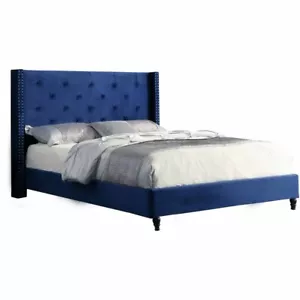 Best Master Furniture Valentina Velvet Fabric Wingback Platform Full Bed in Navy - Picture 1 of 1