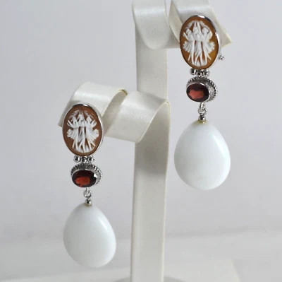 ORECCHINI  ARGENTO 925 CAMMEI GRANATO E   AGATA BIANCA   GOCCE        AGHT 0627B - Immagine 1 di 3