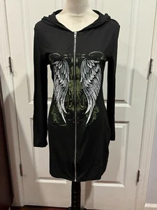 Hoodie Dress Women's Sweatshirt Black Long Sleeve Kangaroo Pocket Sz L 31"Lx19”W - Picture 1 of 4