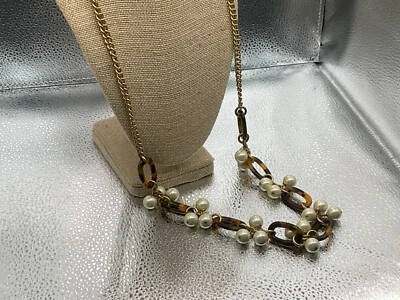 "COLLAR FIRMADO J CREW IMITACIÓN PERLA CAPARAZÓN DE TORTUGA LUCITA CADENA ESLABÓN 32""" Foto 1 de 4
