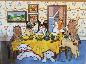 ORIGINAL AQUARELL "WELPENPARTY" Mops, Yorkie, Papillon, Cockerpoo Hunde, signiert - Bild 1 von 1