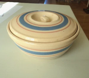 Vintage McCoy Covered Casserole Dish/bowl Pink & Blue Stripes Stoneware USA Made - Picture 1 of 6