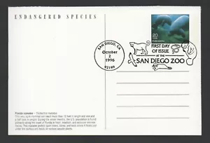 USA 1996 POSTAL CARD ENDANGERED SPECIES (MANATEE) FIRST DAY ISSUE SAN DIEGO ZOO - Picture 1 of 2