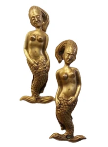 2x Brass Door Handle Mermaid Figurine Pull Hand Art Vintage Home Decor Living - Picture 1 of 12