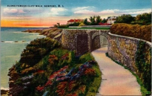 Famous CLIFF WALK Newport, Rhode Island RI linen c1955 Postcard - Picture 1 of 2