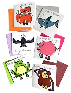 Pack of 6 ANIMAL theme Birthday Cards. Coloured envelopes - Picture 1 of 2