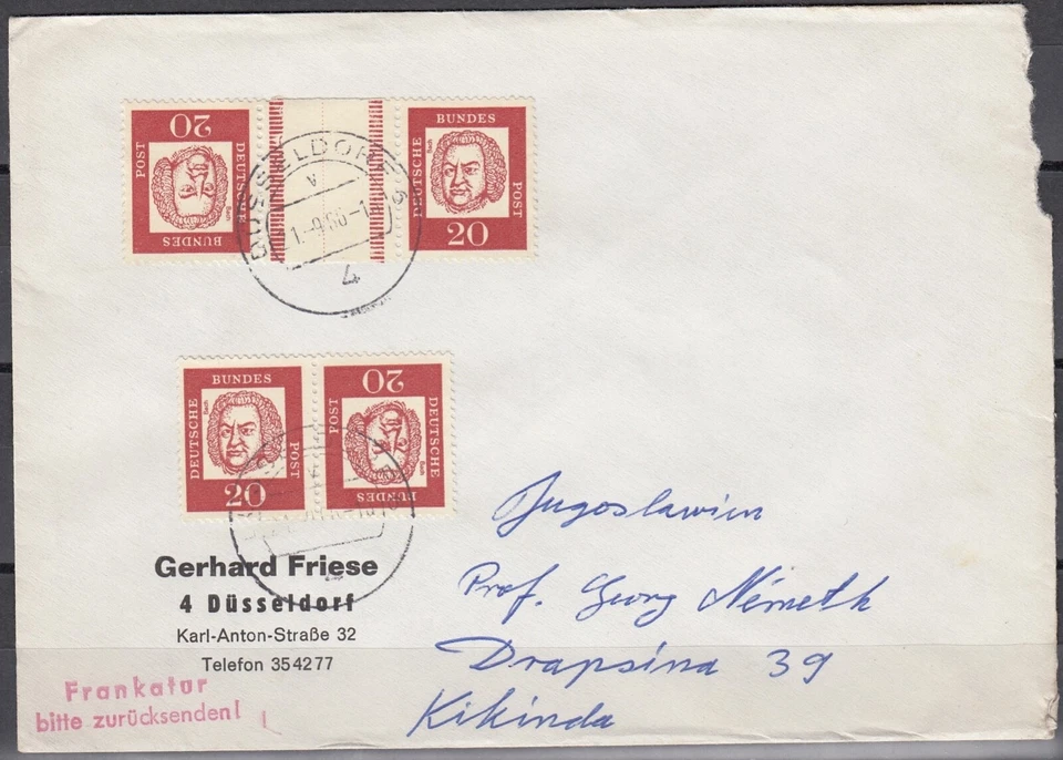 GERMANY 1961 Famous Germans, 20pf Booklet pairs on Cover - Image 1 of 1