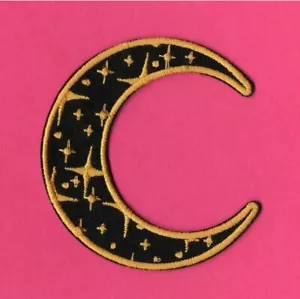 Black & Gold Galaxy Moon with Stars iron on patch Sew crescent Goth Mystic spell - Picture 1 of 2
