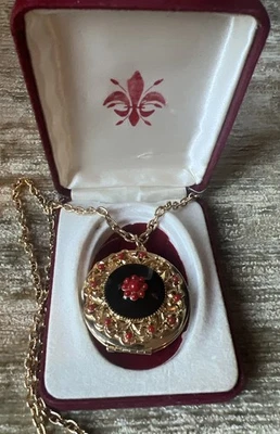 Vintage Guilloche Locket Necklace, 13-1/2” W/Pendant, Gold Tone W/Red Beads; Box - Image 1 of 4