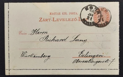 HUNGARY 1896 Stationery Letter Card EGER to Esslingen Württemberg/Germany - Image 1 of 3