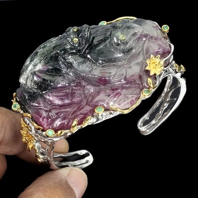 925 Sterling Silver Bangle Handcraft Frog Carving Ruby In Zoisite Gemstone - Image 1 of 4