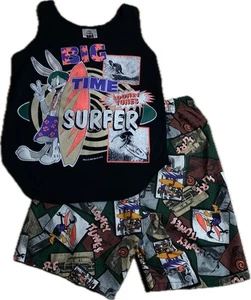 Vtg 90s Looney Tunes Kids Size 8 2 Piece Beach Bugs Bunny Daffy Duck Outfit - Picture 1 of 15