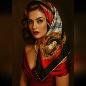 Vintage Polyester Schal handgerollte Kanten maritim Print rot schwarz gold - Bild 1 von 5