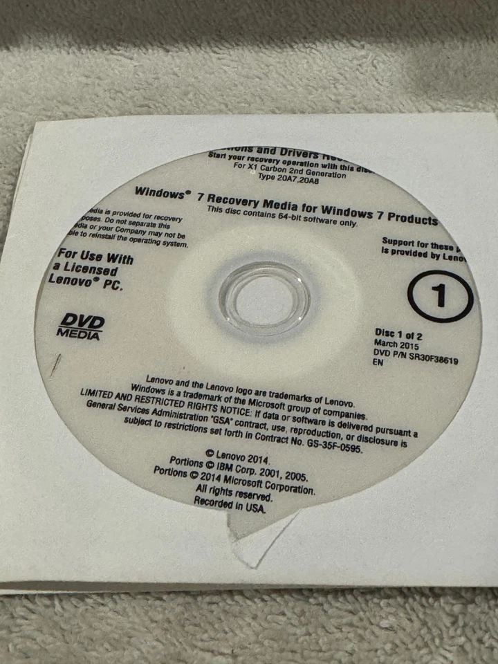 Lenovo Applications & Drivers Recovery Disc Windows 7 X1 Carbon - 2 CD'S ONLY - Image 1 of 1