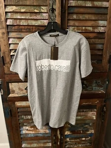 T-shirt uomo Roberto Cavalli Cavalli grigia taglia L logo Spellout nuova con etichetta - Foto 1 di 2