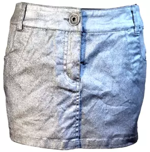 Silver Mini Skirt Coated Material eu W40 / 12 Sparkle 4 pockets Unusual - Picture 1 of 9