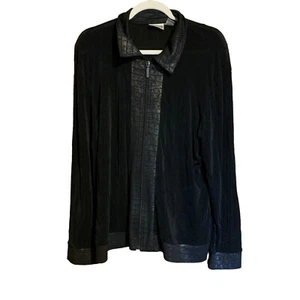 Chicos Travelers Cardigan Jacket Large Black Textured Trim Slinky Zipper Accent - Picture 1 of 4