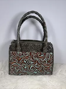 Patricia Nash Lined Handbag Turquoise Antique Finish Over Rich Brown Leather - Picture 1 of 16