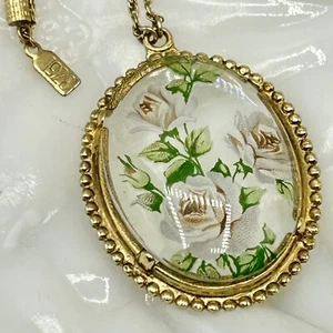 Vtg 1928 Gold Oval Faceted Bubble Glass Painted Rose Flowers Necklace 29" - Picture 1 of 4